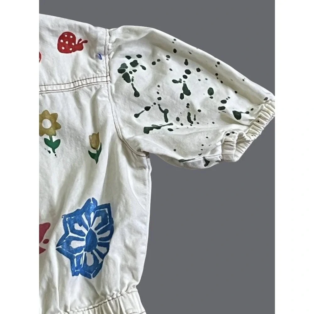 HAND PAINTED Ivory Cotton Romper Shorts Graffiti Art-To-Wear SHORTALLS Girls 8